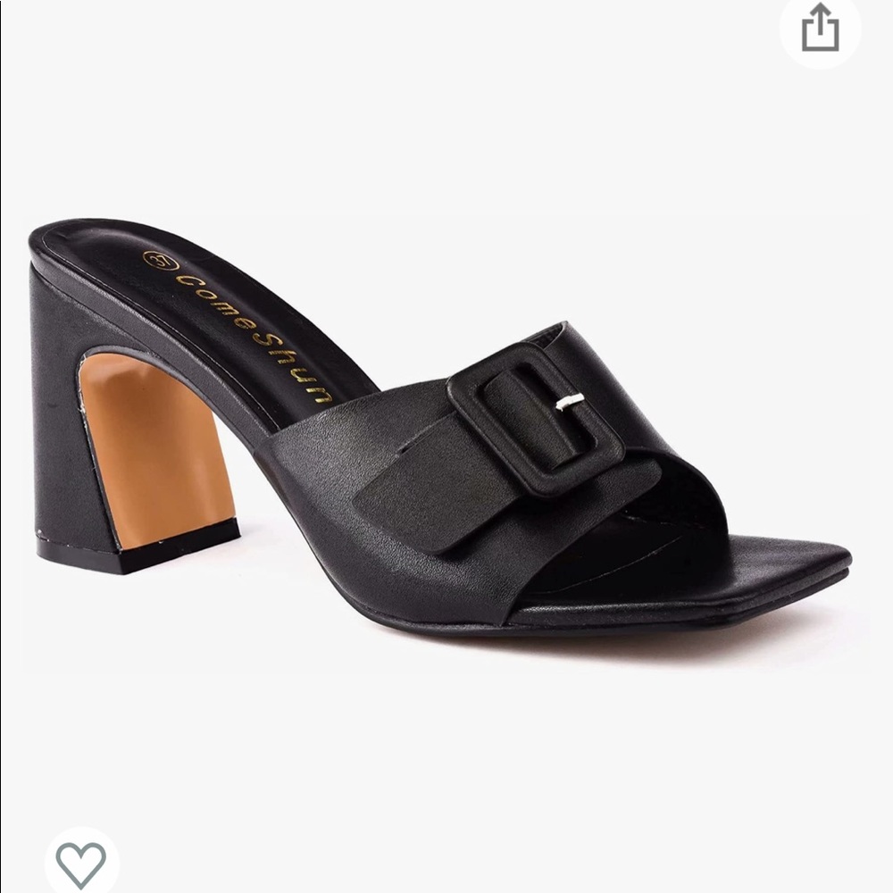 ComeShun Women Low Block Heels Large Buckle Slip On Mules Square Toe